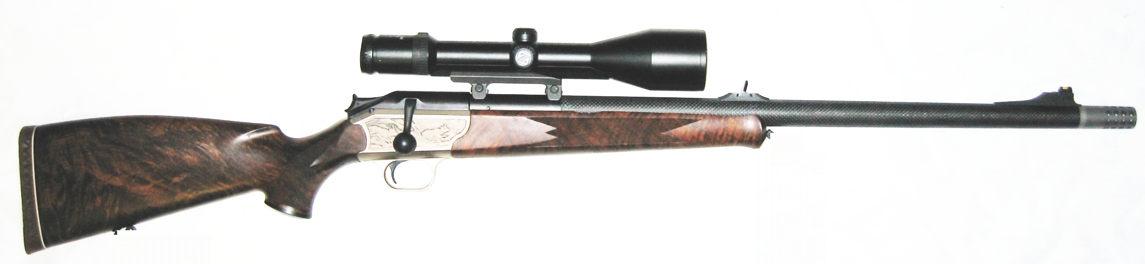 Blaser R93 Sesvenna mit Luxus-Schaft im Kaliber .416 Remington Magnum mit Carbon-Lauf inkl. Mündungsbremse.